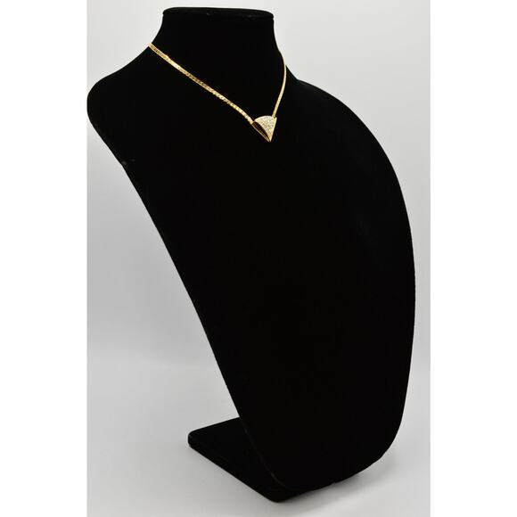 Vintage Crystal Collar Necklace Gold Herringbone Chain Rhinestone Shiny NOS 80s - Picture 3 of 12